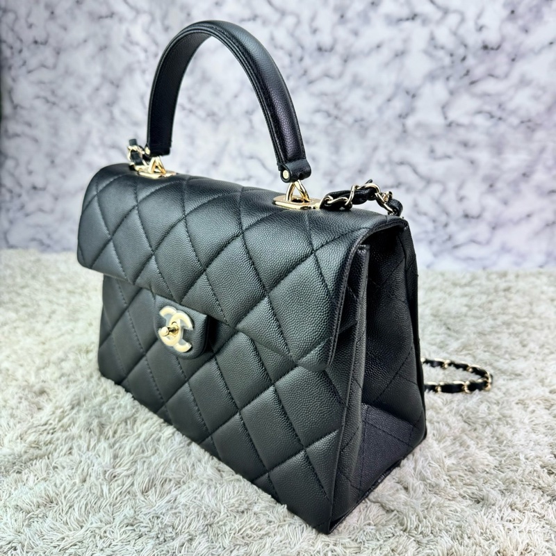 香奈兒 Chanel  24P春夏小球紋  手柄Kelly盒子  手提包  肩背包  斜背包黑色金釦-9