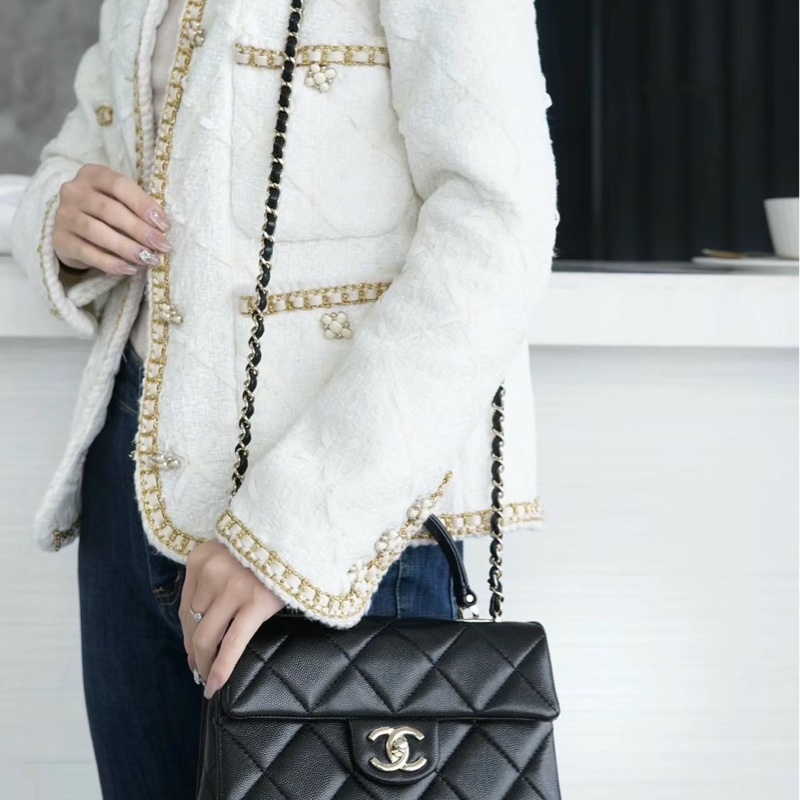 香奈兒 Chanel  24P春夏小球紋  手柄Kelly盒子  手提包  肩背包  斜背包黑色金釦-32