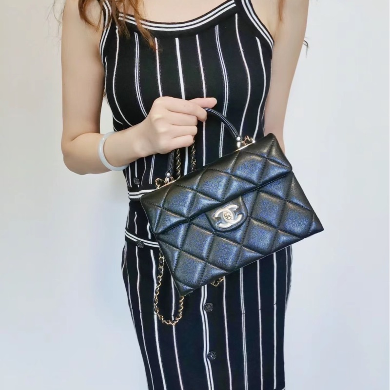 香奈兒 Chanel  24P春夏小球紋  手柄Kelly盒子  手提包  肩背包  斜背包黑色金釦-33