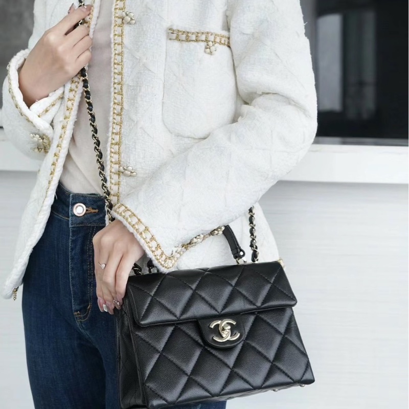 香奈兒 Chanel  24P春夏小球紋  手柄Kelly盒子  手提包  肩背包  斜背包黑色金釦-34