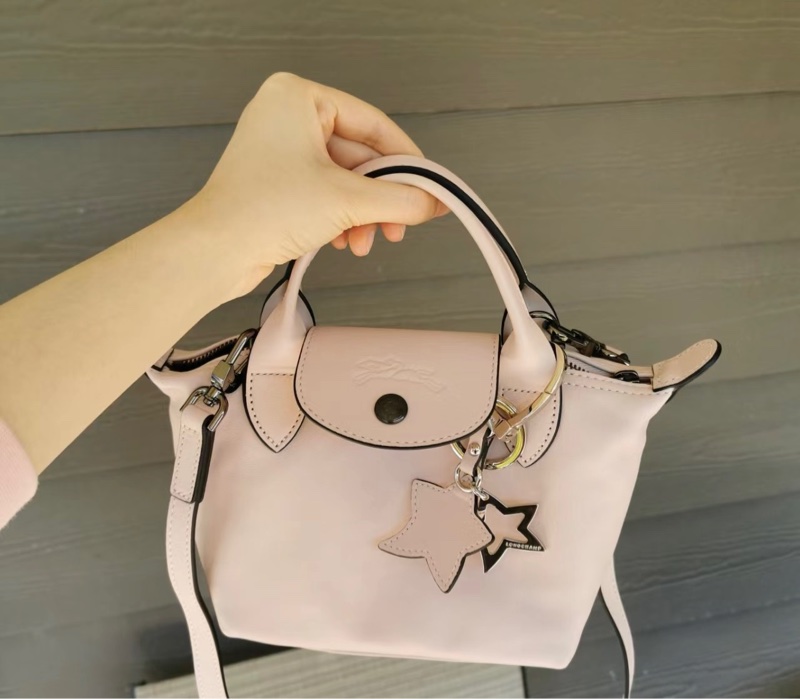 LONGCHAMP LE MINI PLIAGE CUIR系列小羊皮短把兩用水餃包(迷你/櫻花粉)-3