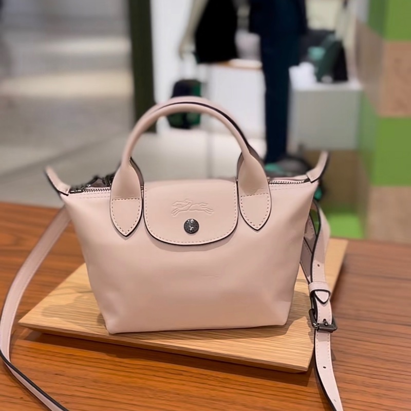 LONGCHAMP LE MINI PLIAGE CUIR系列小羊皮短把兩用水餃包(迷你/櫻花粉)-5