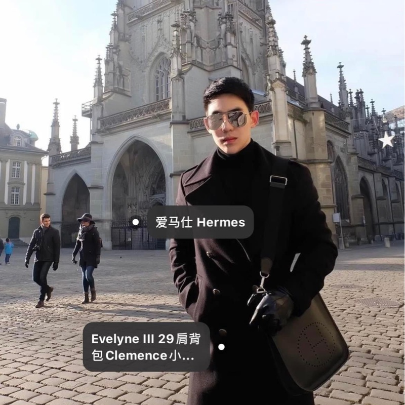Hermes Evelyne 29 深藍色羊毛氈拼黑皮金釦黑金-17