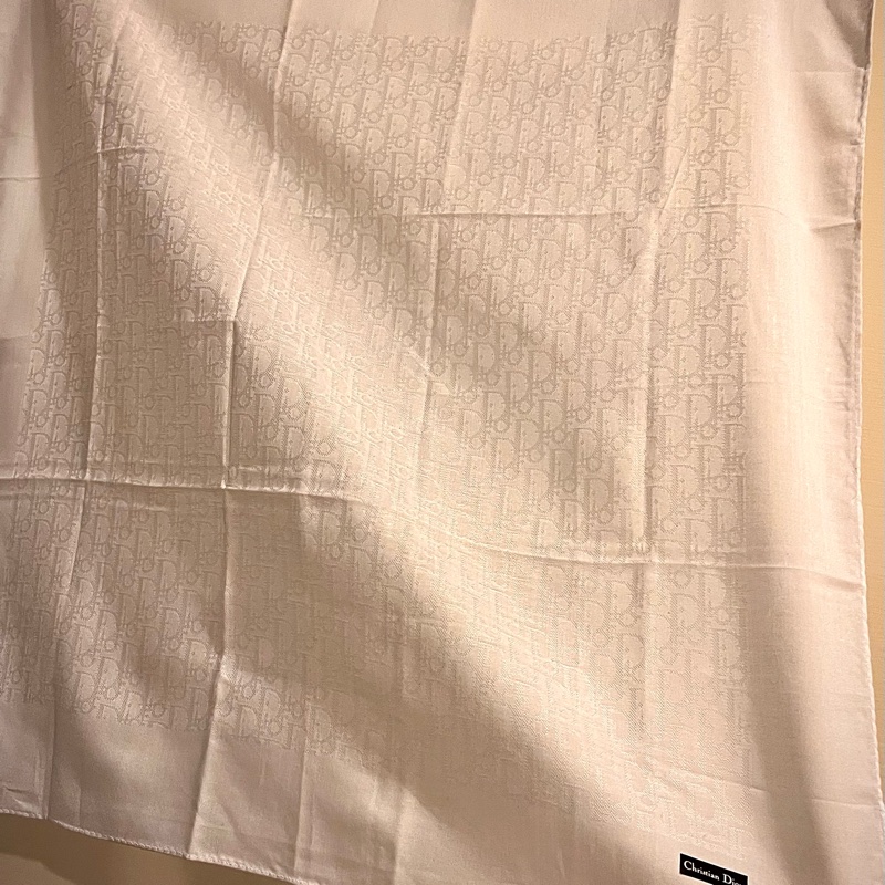 全新 Dior稀有滿版LOGO 標籤貼紙齊全米白色絲巾47x47-12