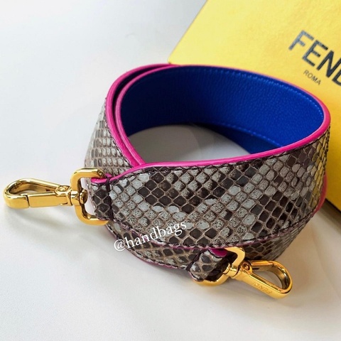 FENDI 蛇紋 雙面 藍粉色 金鎖釦 寬版 背帶