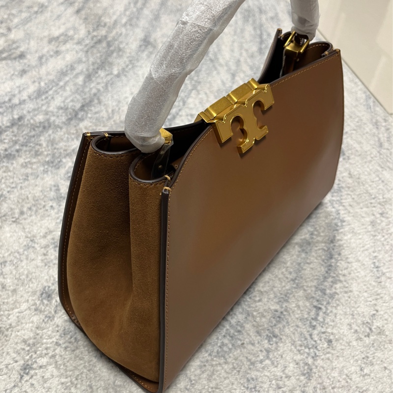 TORY BURCH Eleanor T字母飾拼麂皮手提/斜背托特包(棕色)-4