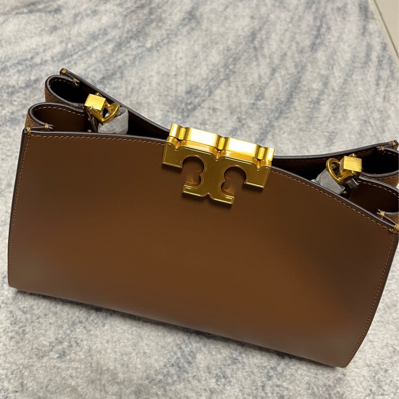 TORY BURCH Eleanor T字母飾拼麂皮手提/斜背托特包(棕色)-10