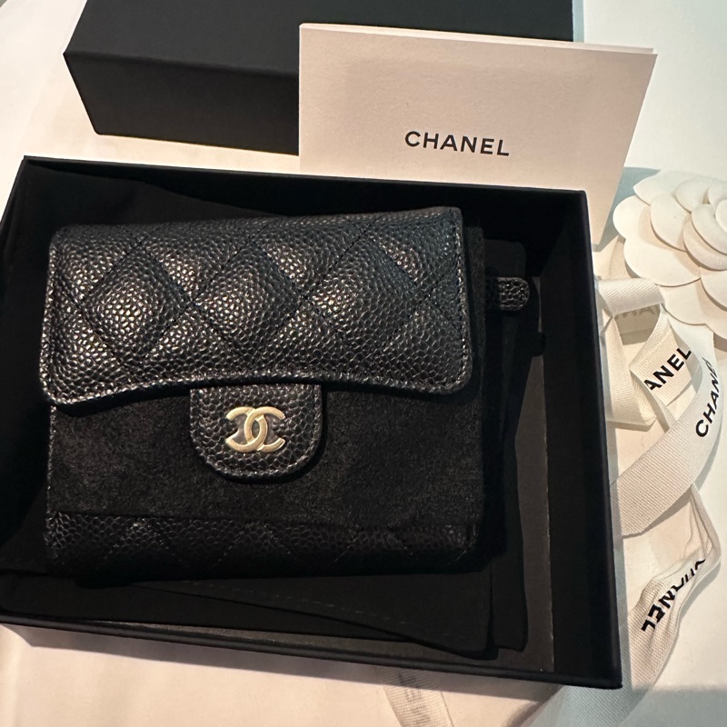 💖Chanel 經典荔枝紋 三折皮夾/短夾💖 全新全配 法國製-1