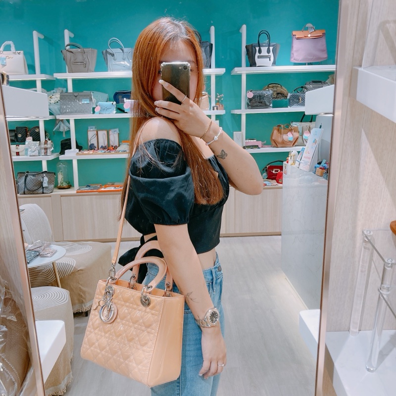 CHRISTINA DIOR 迪奧經典淑女菱格漆皮肩帶包包LADY DIOR MEDIUM PATENT-10