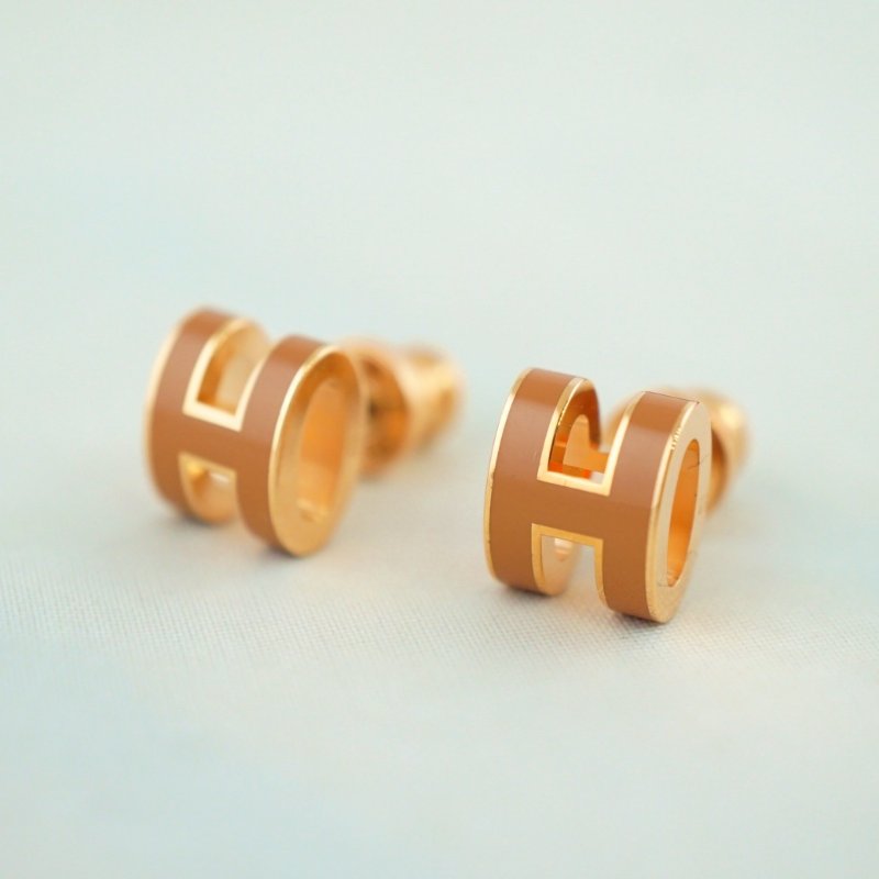 Hermes 愛馬仕 Mini Pop H 焦糖色玫瑰金 耳環 耳針-0