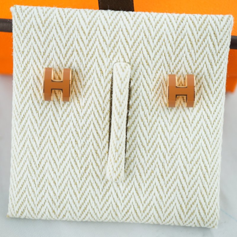 Hermes 愛馬仕 Mini Pop H 焦糖色玫瑰金 耳環 耳針-3