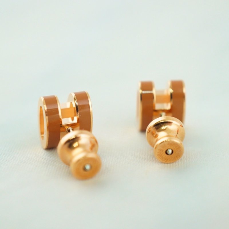 Hermes 愛馬仕 Mini Pop H 焦糖色玫瑰金 耳環 耳針-6