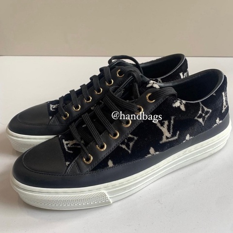 LV 黑色 絨布 老花 拼接 皮革 Logo 厚底 休閒鞋 板鞋 EU37