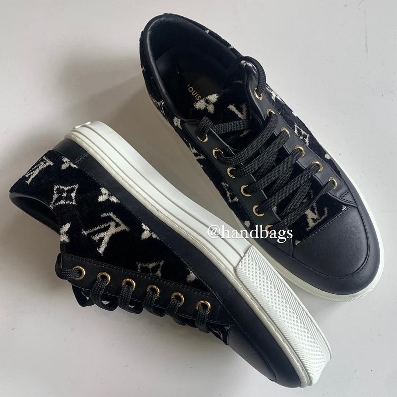 LV 黑色 絨布 老花 拼接 皮革 Logo 厚底 休閒鞋 板鞋 EU37-1
