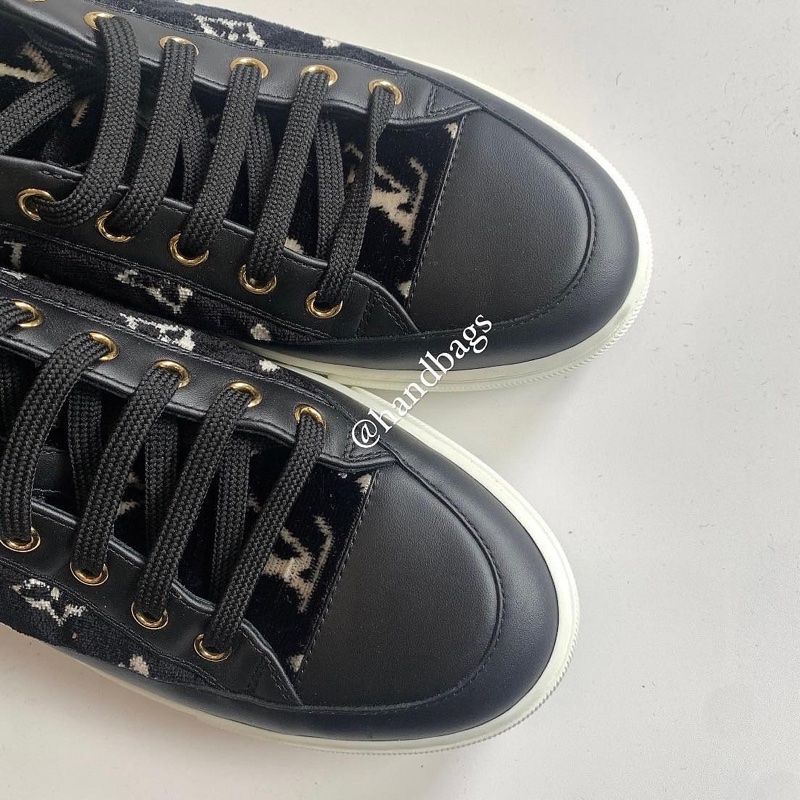 LV 黑色 絨布 老花 拼接 皮革 Logo 厚底 休閒鞋 板鞋 EU37-2