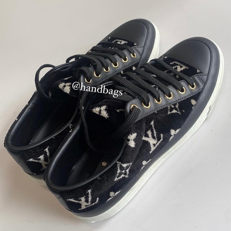 LV 黑色 絨布 老花 拼接 皮革 Logo 厚底 休閒鞋 板鞋 EU37-3