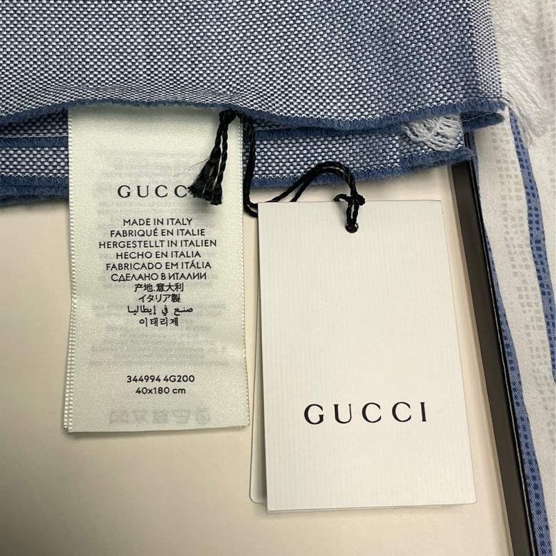 Gucci全新連吊牌連盒淺藍拼牛仔藍羊毛圍巾頸巾Scarf-2