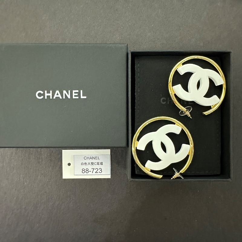 【美收精品】CHANEL 白色雙C Logo 環圈耳環 88-723-7