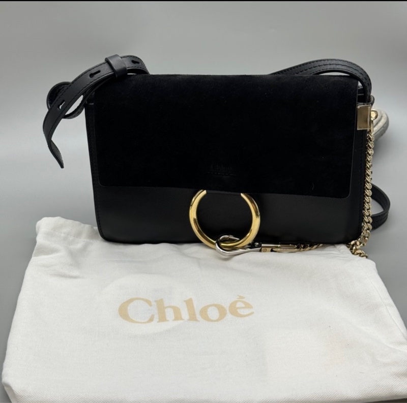 chloe faye麂皮拼接 多夾層肩背斜背包 黑色-0