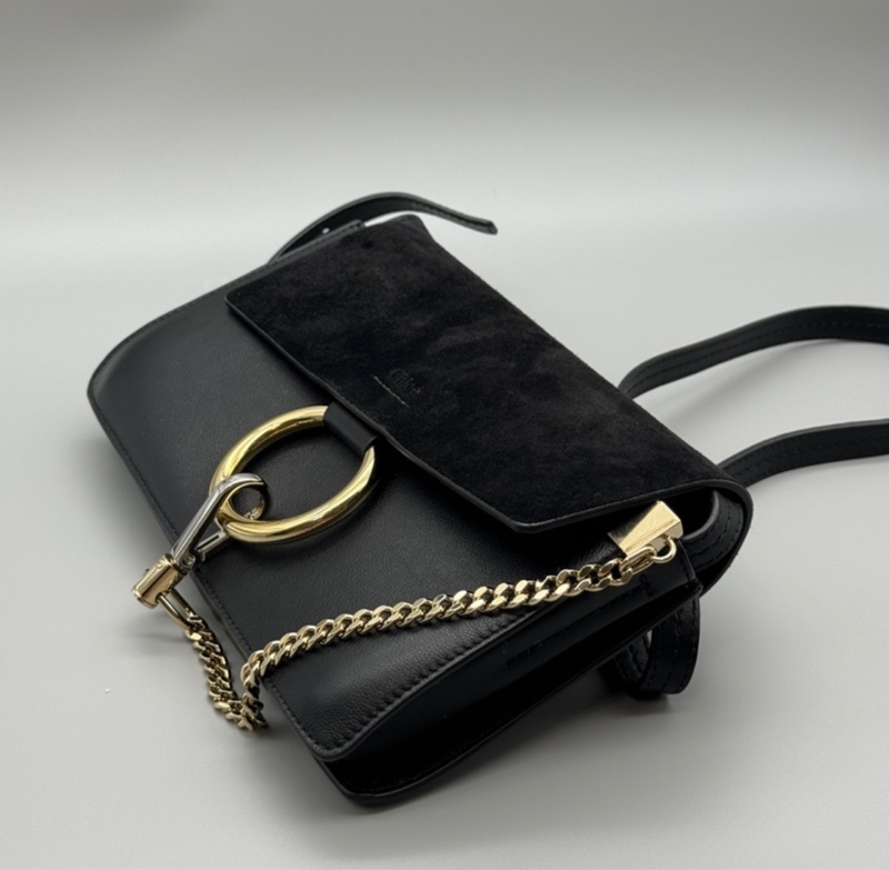 chloe faye麂皮拼接 多夾層肩背斜背包 黑色-3