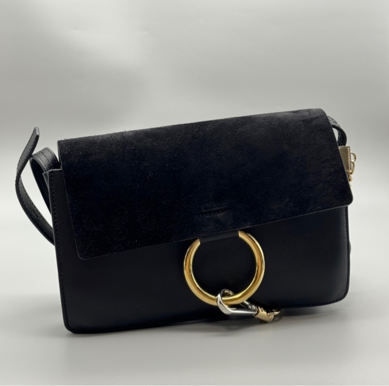 chloe faye麂皮拼接 多夾層肩背斜背包 黑色-4