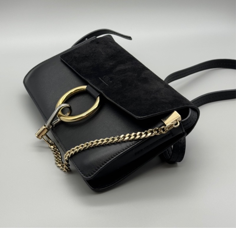 chloe faye麂皮拼接 多夾層肩背斜背包 黑色-5