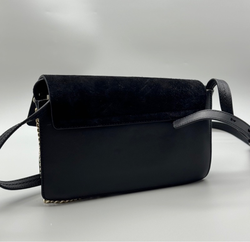 chloe faye麂皮拼接 多夾層肩背斜背包 黑色-6