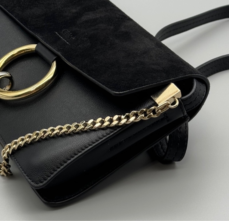 chloe faye麂皮拼接 多夾層肩背斜背包 黑色-9