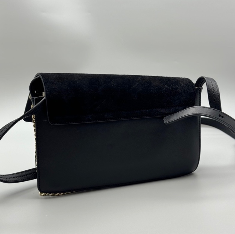 chloe faye麂皮拼接 多夾層肩背斜背包 黑色-11