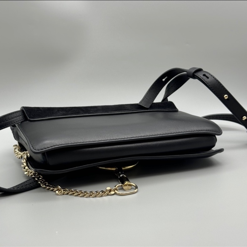 chloe faye麂皮拼接 多夾層肩背斜背包 黑色-12