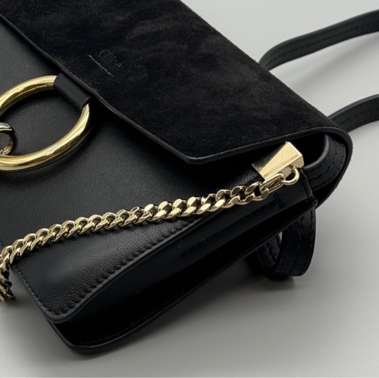 chloe faye麂皮拼接 多夾層肩背斜背包 黑色-14