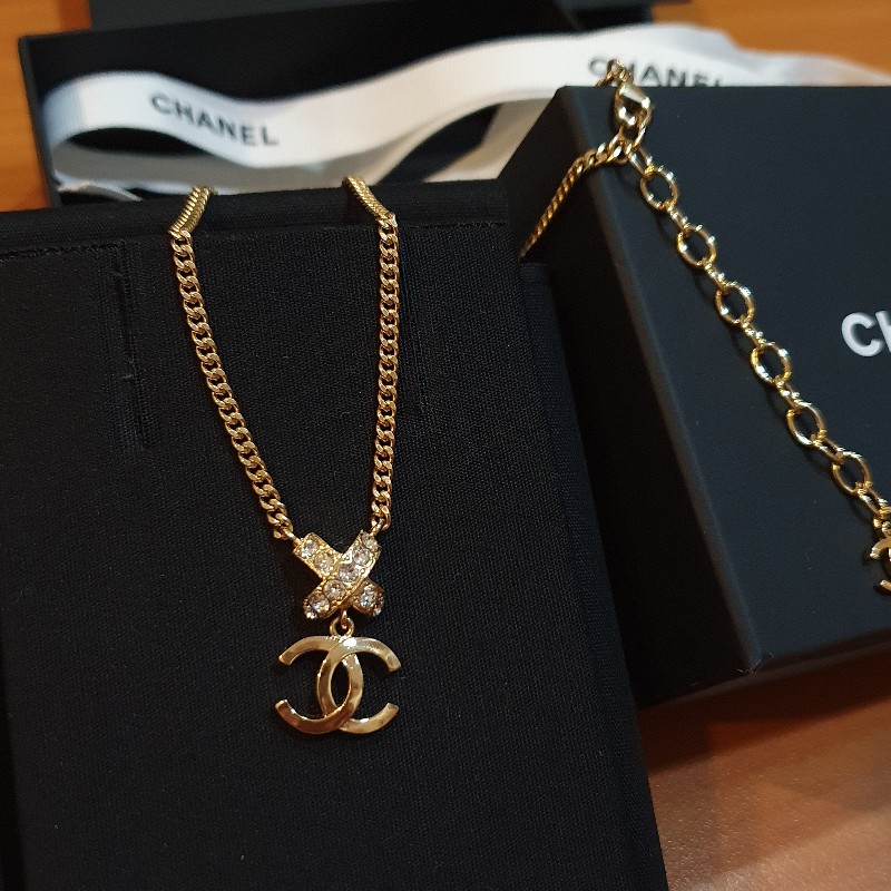 Chanel 香奈兒 經典款 雙C logo 金色+鑽 項鍊-3