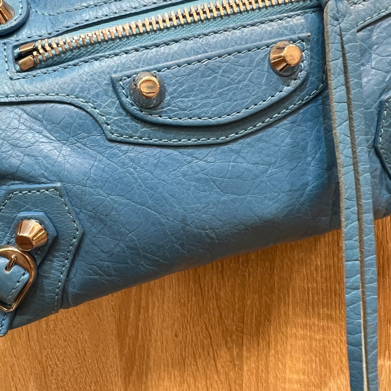 Balenciaga 天空藍復刻羊皮銀釦mini city機車包-9