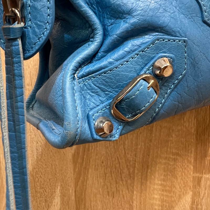 Balenciaga 天空藍復刻羊皮銀釦mini city機車包-10