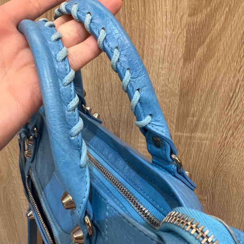 Balenciaga 天空藍復刻羊皮銀釦mini city機車包-11