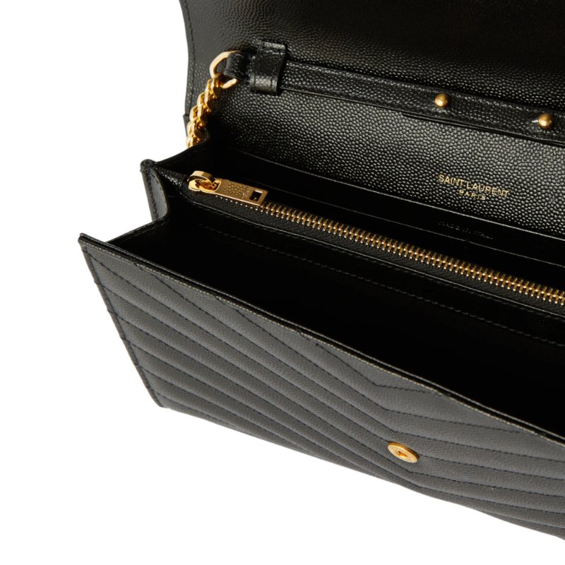 【YSL】SAINT LAURENT Cassandre Chain Wallet WOC 魚子醬牛皮 鍊條包 手拿包 肩背包 黑色 金色 377828-1