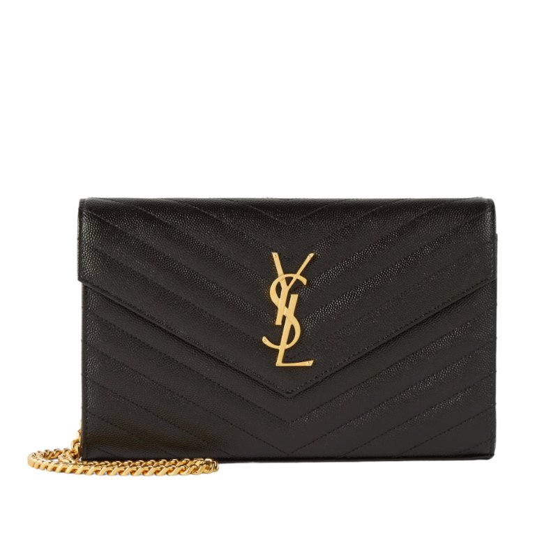 【YSL】SAINT LAURENT Cassandre Chain Wallet WOC 魚子醬牛皮 鍊條包 手拿包 肩背包 黑色 金色 377828-3