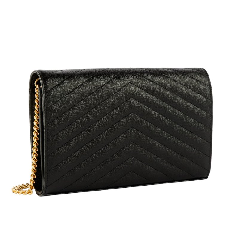 【YSL】SAINT LAURENT Cassandre Chain Wallet WOC 魚子醬牛皮 鍊條包 手拿包 肩背包 黑色 金色 377828-4