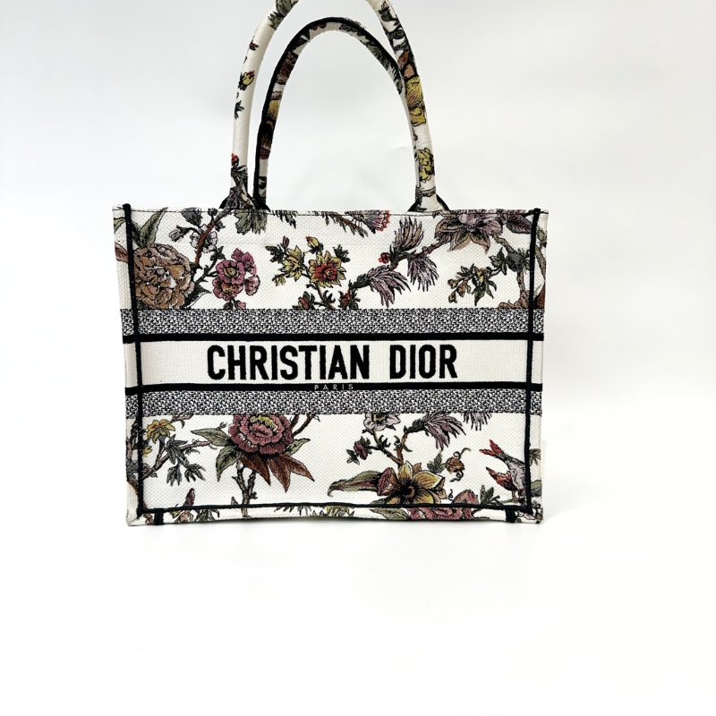 Dior 白底彩色花卉刺繡中號BookTote托特包-0