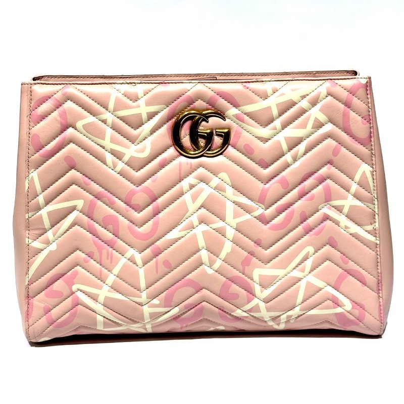 【美收精品】GUCCI 古馳 Marmont系列星星塗鴉款牛皮兩用大手提包(粉) 88-883-0