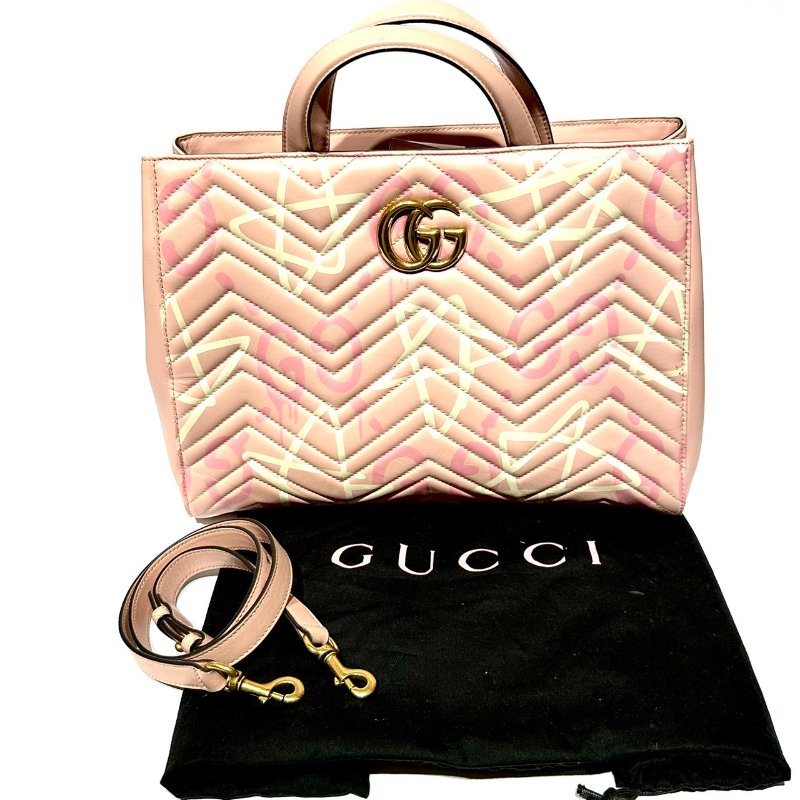 【美收精品】GUCCI 古馳 Marmont系列星星塗鴉款牛皮兩用大手提包(粉) 88-883-12