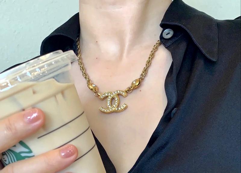 Chanel Vintage雙面萊茵石水鑽鍍金項鍊-0