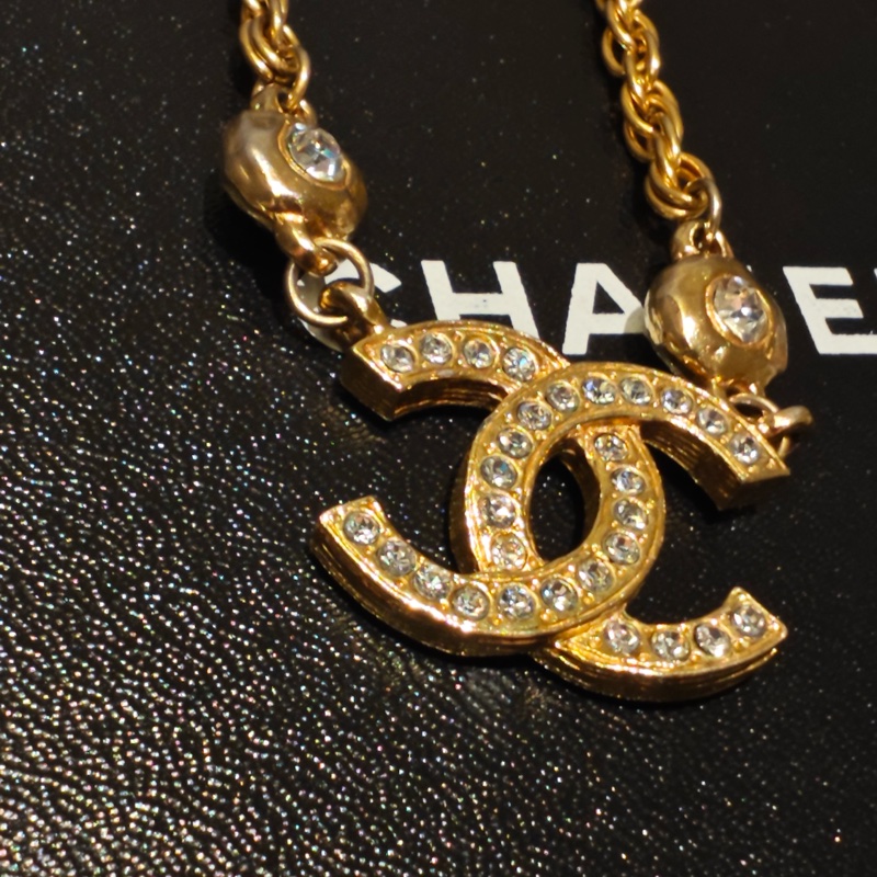 Chanel Vintage雙面萊茵石水鑽鍍金項鍊-5