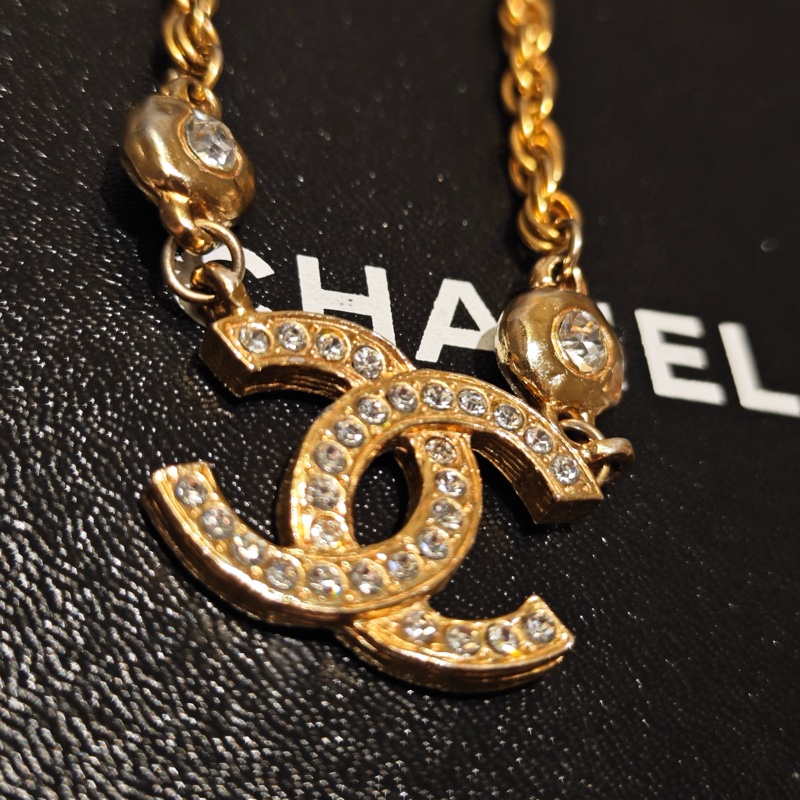 Chanel Vintage雙面萊茵石水鑽鍍金項鍊-6