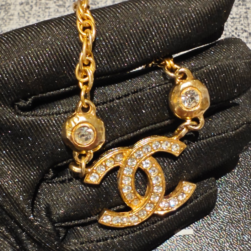 Chanel Vintage雙面萊茵石水鑽鍍金項鍊-9