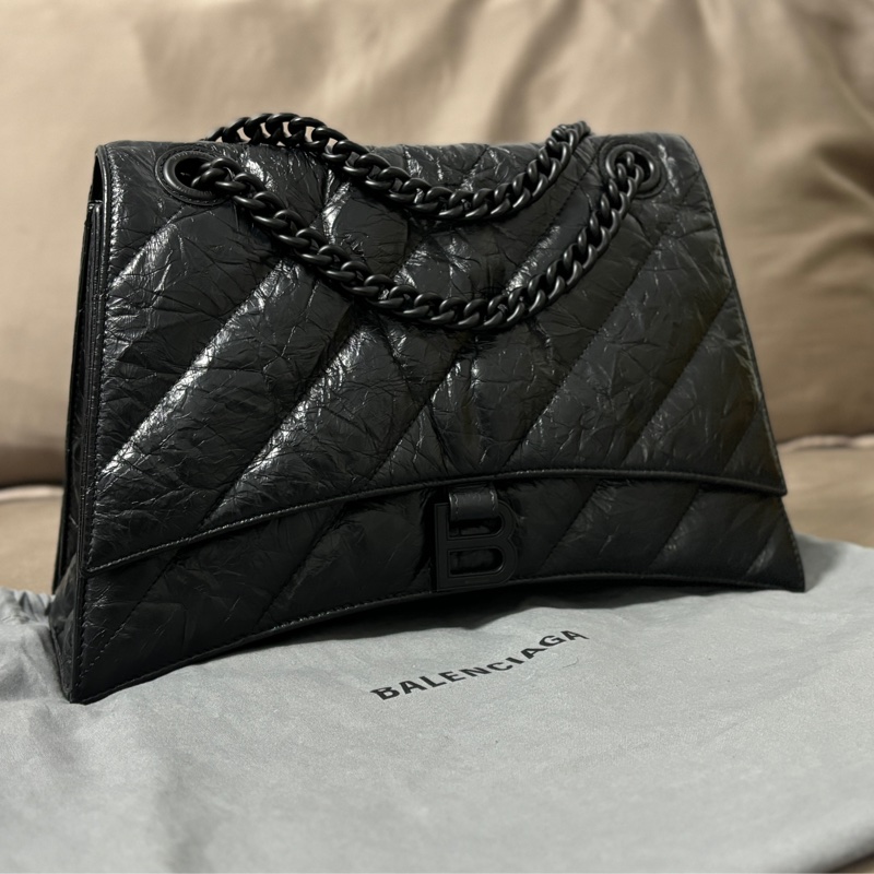 巴黎世家Balenciaga crush medium中款 全黑小牛皮 all black 沙漏 斜挎單肩包-0