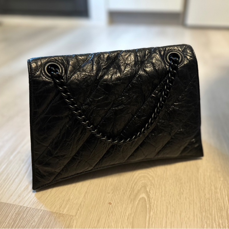巴黎世家Balenciaga crush medium中款 全黑小牛皮 all black 沙漏 斜挎單肩包-6