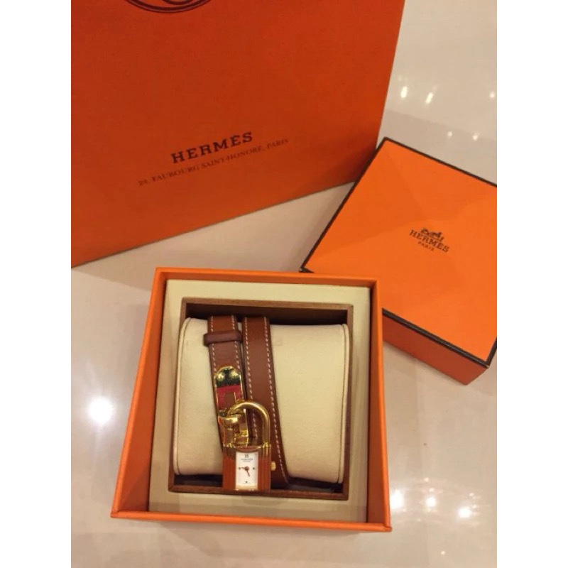 HERMES 愛馬仕 Kelly系列 手錶 手表 經典鎖頭 牛皮雙圈腕錶-0