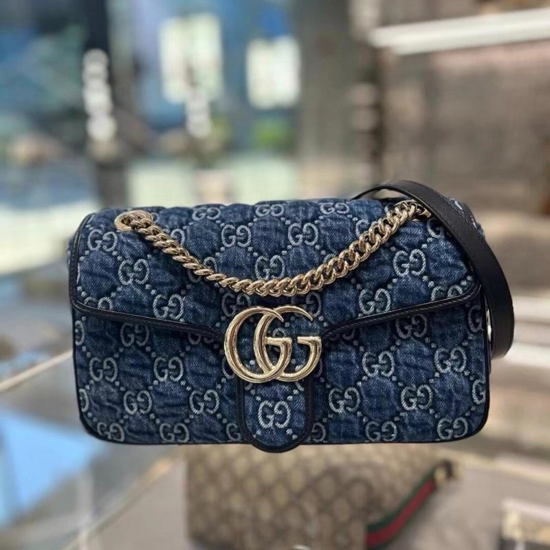Gucci 443497 GG Marmont 小款 26公分雙G 金鍊包 - 藍色牛仔布與深藍色飾邊設計《當季專櫃正售★全新商品 》-1