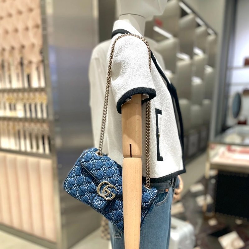 Gucci 443497 GG Marmont 小款 26公分雙G 金鍊包 - 藍色牛仔布與深藍色飾邊設計《當季專櫃正售★全新商品 》-2